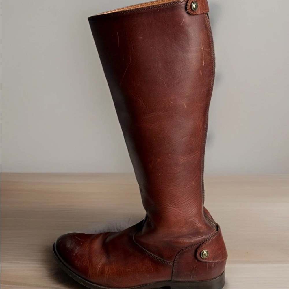 FRYE TALL COGNAC LEATHER MELISSA RIDING BOOTS with BACK ZIPPER & SNAP TABS - Picture 7 of 13
